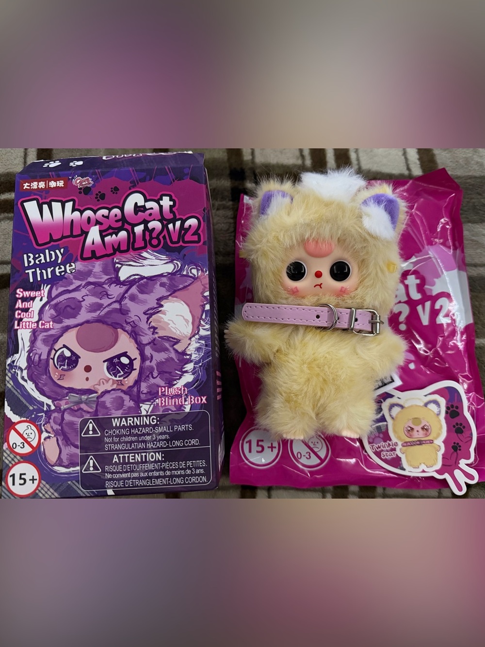 Whose Cat Am I? V2 Plush Cat Toy in Yellow with Pink Collar